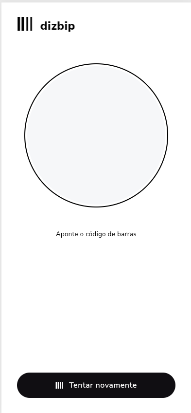 Captura real do dizbip: área circular para ler o código de barras e botão Tentar novamente