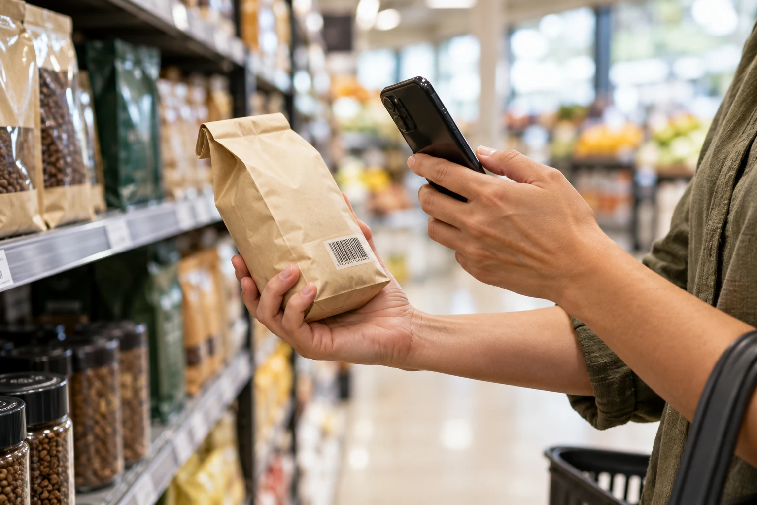 Cliente consultando o código de barras de um produto com seu celular no supermercado
